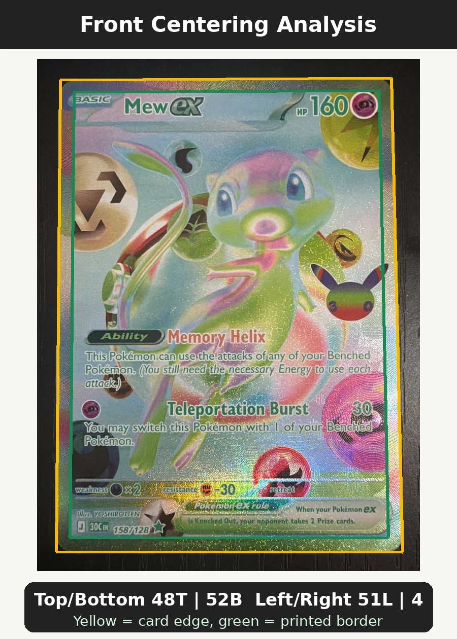 Mew ex 158/128 30th Celebration front centering analysis showing Top/Bottom 48T | 52B and Left/Right 51L | 49R.