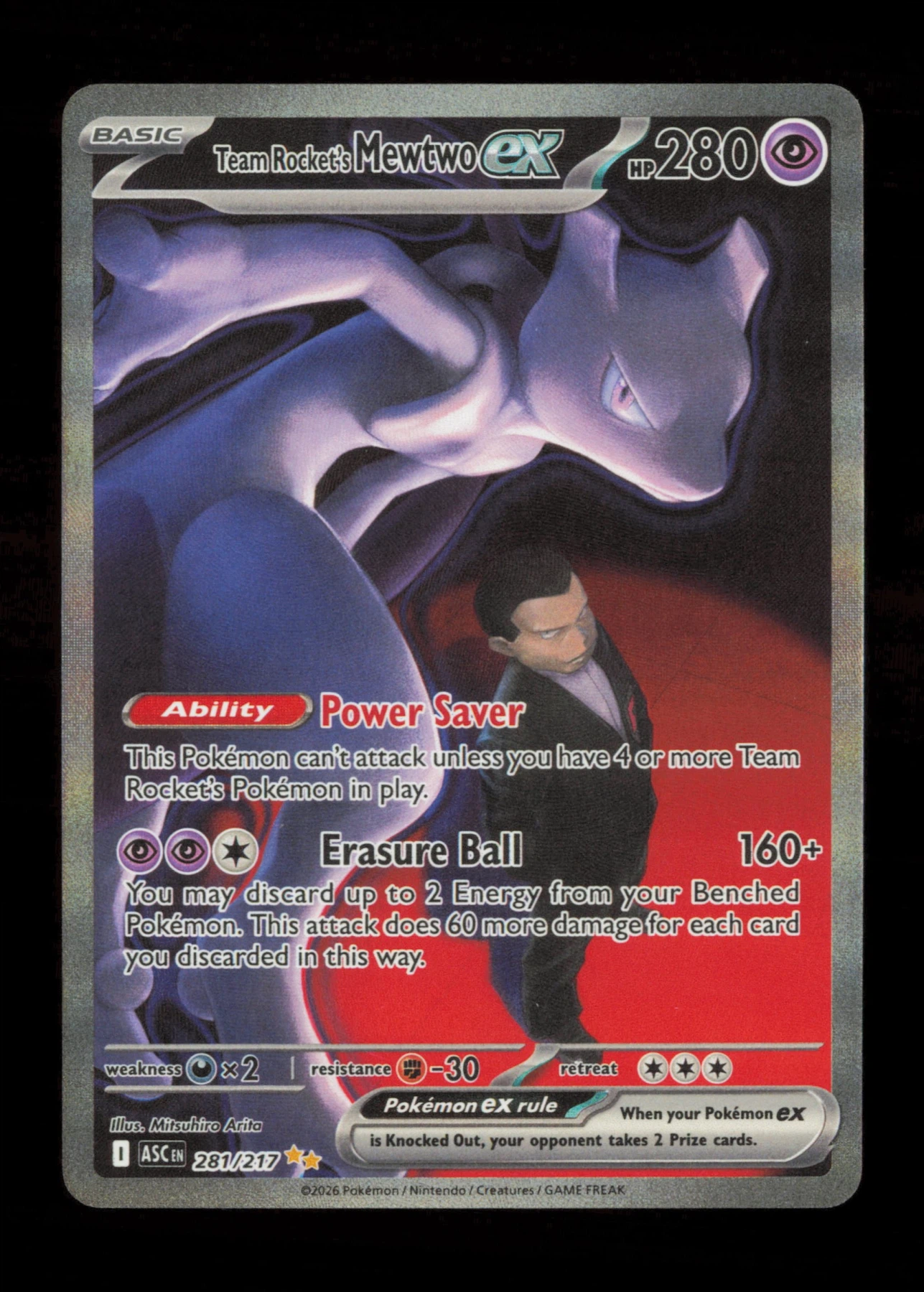 Team Rocket's Mewtwo ex 281/217 Ascended Heroes front card photo in GradeValue pregrading report