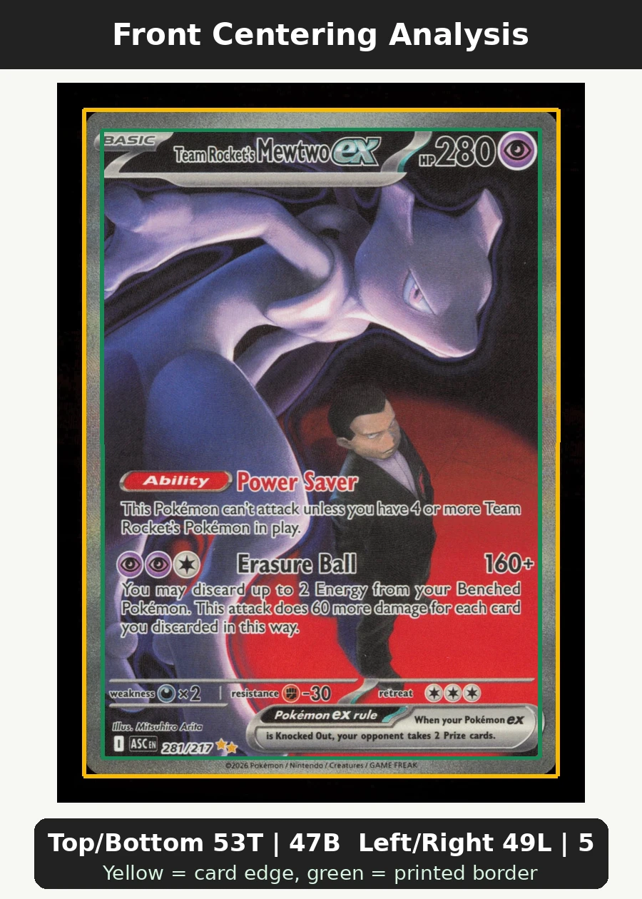 Team Rocket's Mewtwo ex 281/217 Ascended Heroes front centering analysis showing Top/Bottom 53T | 47B and Left/Right 49L | 51R.