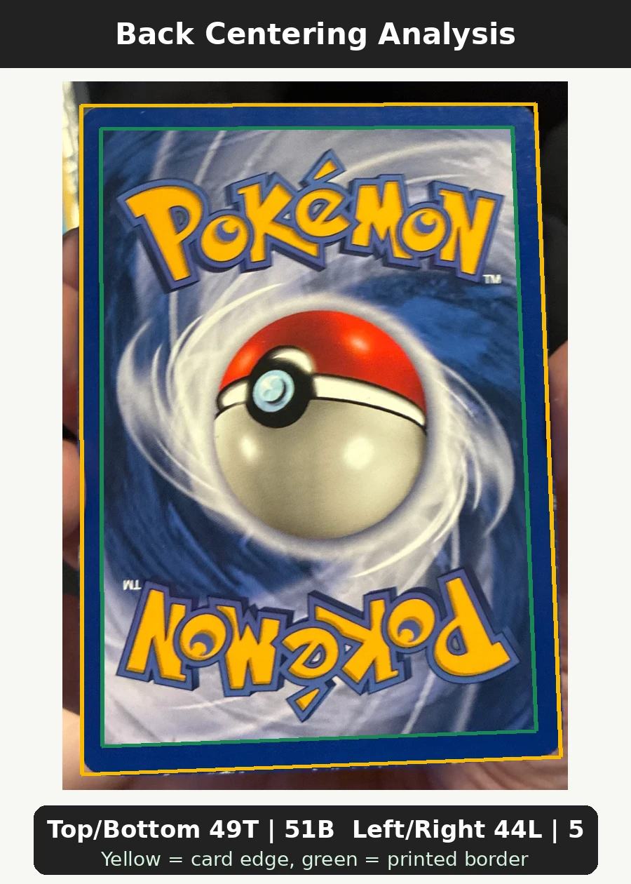Charizard 004/130 Base Set 2 back centering analysis showing Top/Bottom 49T | 51B and Left/Right 44L | 56R.