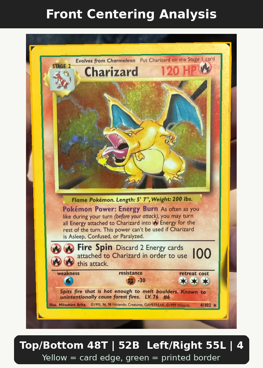 Charizard 004/130 Base Set 2 front centering analysis showing Top/Bottom 48T | 52B and Left/Right 55L | 45R.