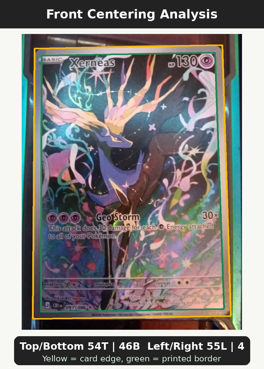 Xerneas 091/86 Chaos Rising front centering analysis showing Top/Bottom 54T | 46B and Left/Right 55L | 45R.