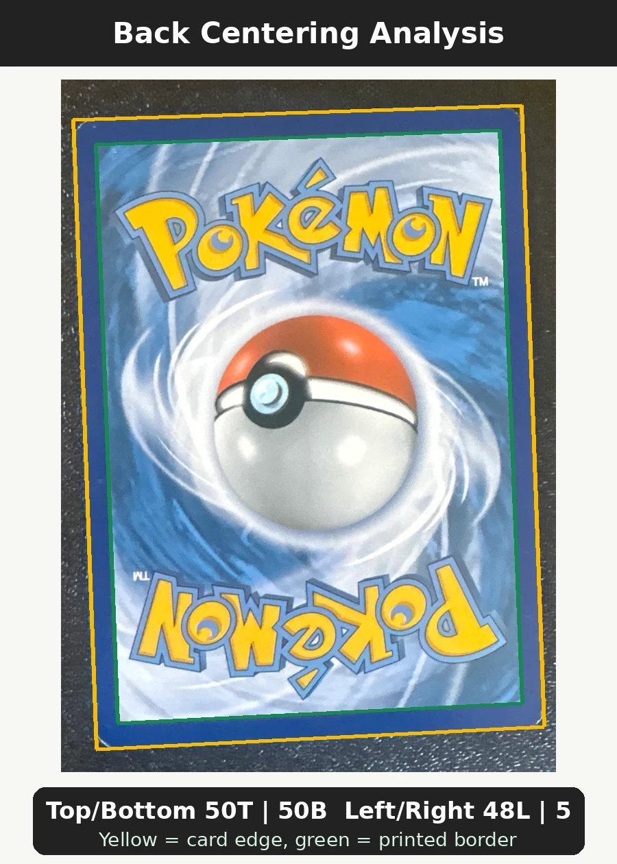 Mew EX XY126/211 XY Black Star Promos back centering analysis showing Top/Bottom 50T | 50B and Left/Right 48L | 52R.