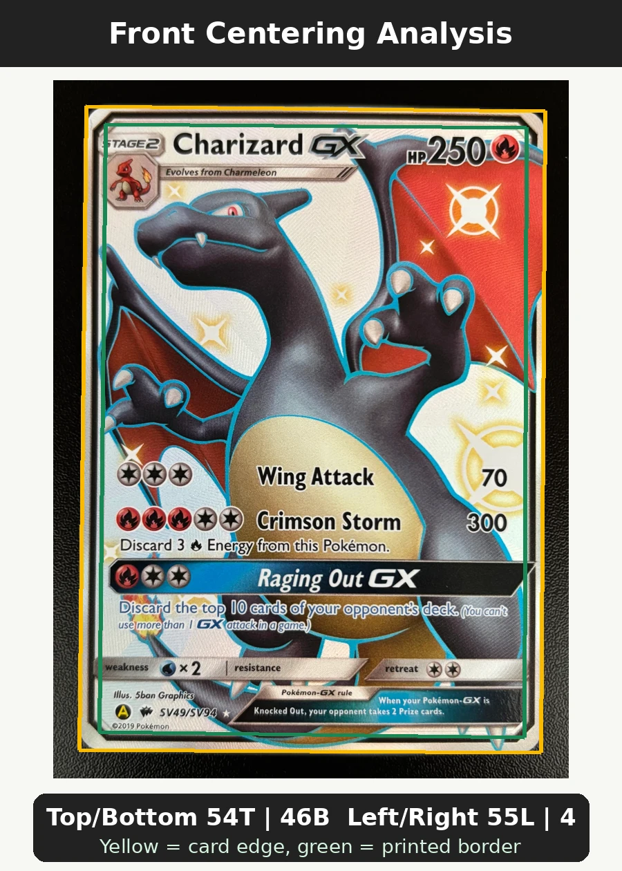 Charizard-GX SV49/94 Hidden Fates Shiny Vault front centering analysis showing Top/Bottom 54T | 46B and Left/Right 55L | 45R.