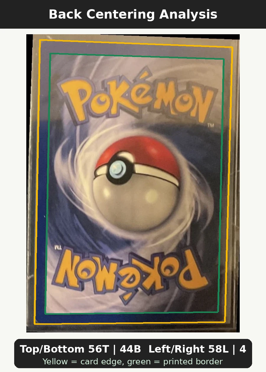 Dragonite 005/53 Wizards Black Star Promos back centering analysis showing Top/Bottom 56T | 44B and Left/Right 58L | 42R.