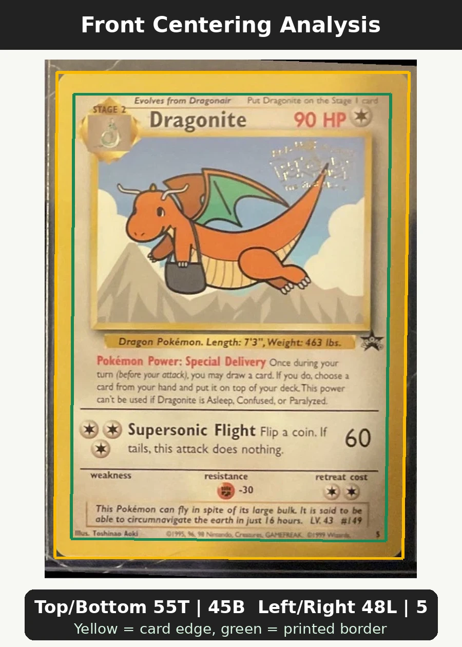 Dragonite 005/53 Wizards Black Star Promos front centering analysis showing Top/Bottom 55T | 45B and Left/Right 48L | 52R.