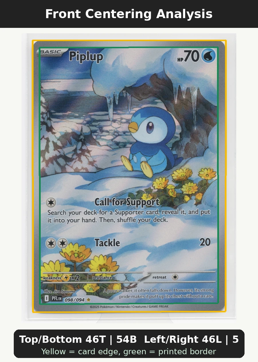 Piplup 098/94 Phantasmal Flames front centering analysis showing Top/Bottom 46T | 54B and Left/Right 46L | 54R.