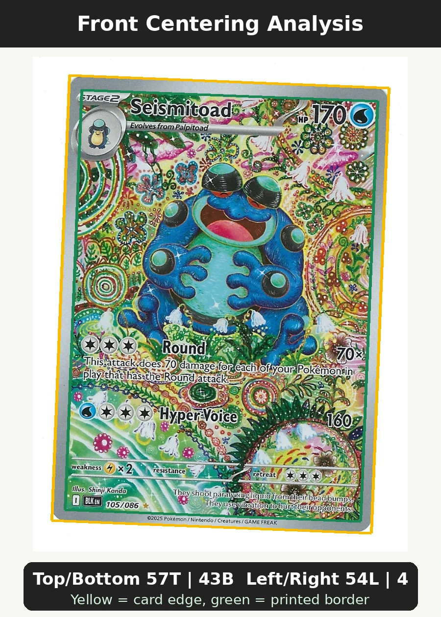 Seismitoad 105/86 Black Bolt front centering analysis showing Top/Bottom 57T | 43B and Left/Right 54L | 46R.