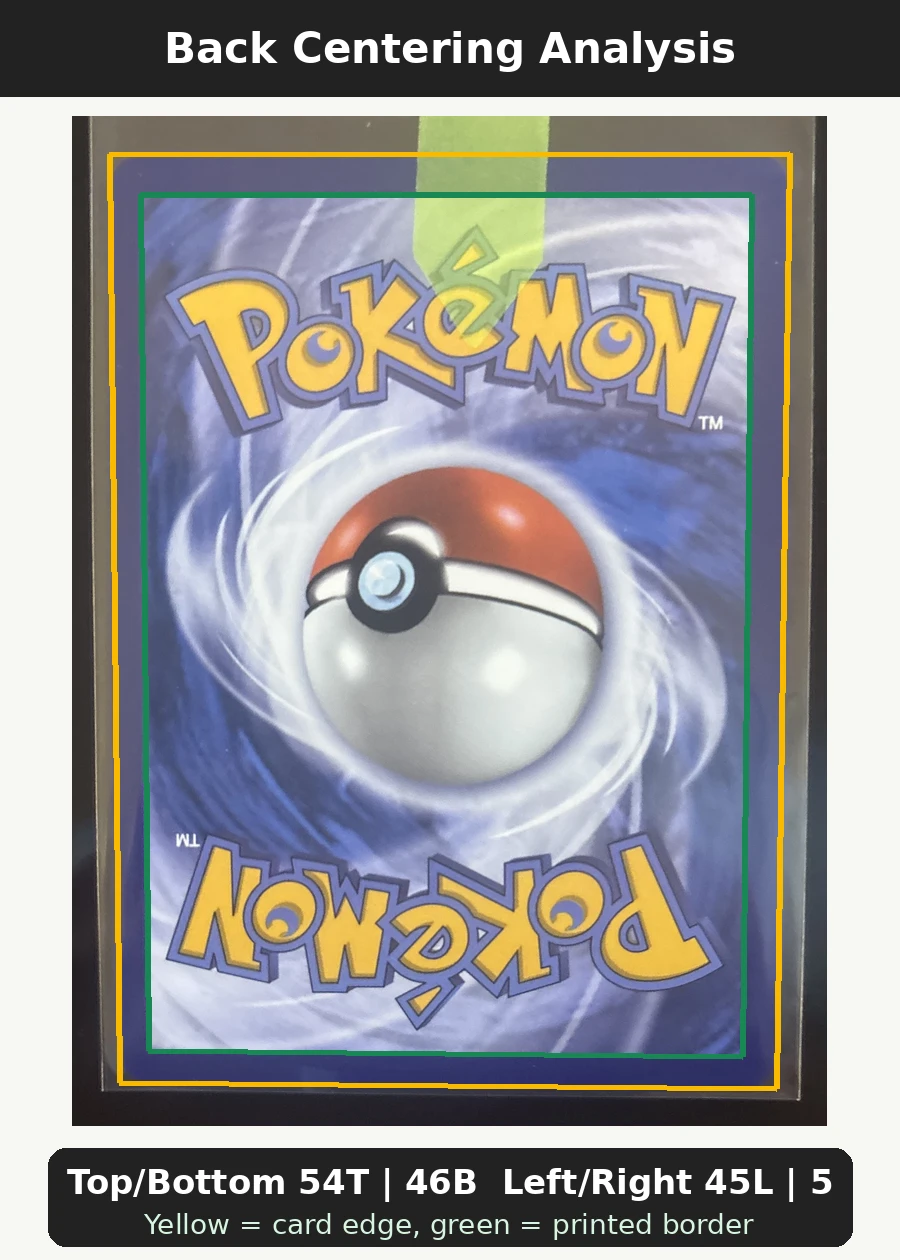 Magikarp 203 30th Classic Collection back centering analysis showing Top/Bottom 54T | 46B and Left/Right 45L | 55R.
