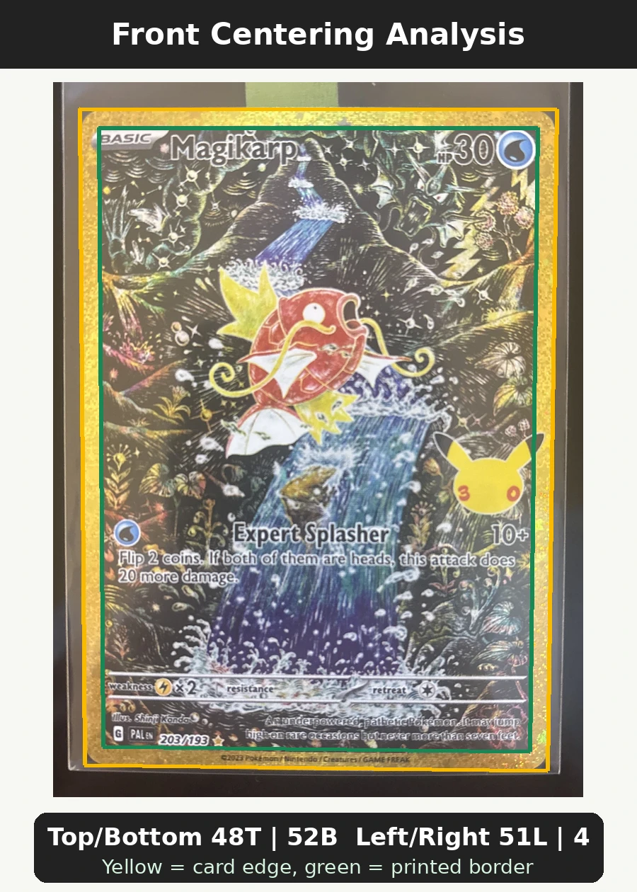 Magikarp 203 30th Classic Collection front centering analysis showing Top/Bottom 48T | 52B and Left/Right 51L | 49R.