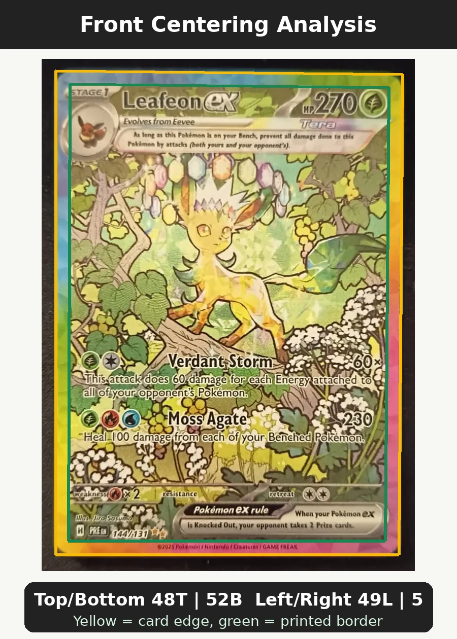 Leafeon ex 144/131 Prismatic Evolutions front centering analysis showing Top/Bottom 48T | 52B and Left/Right 49L | 51R.