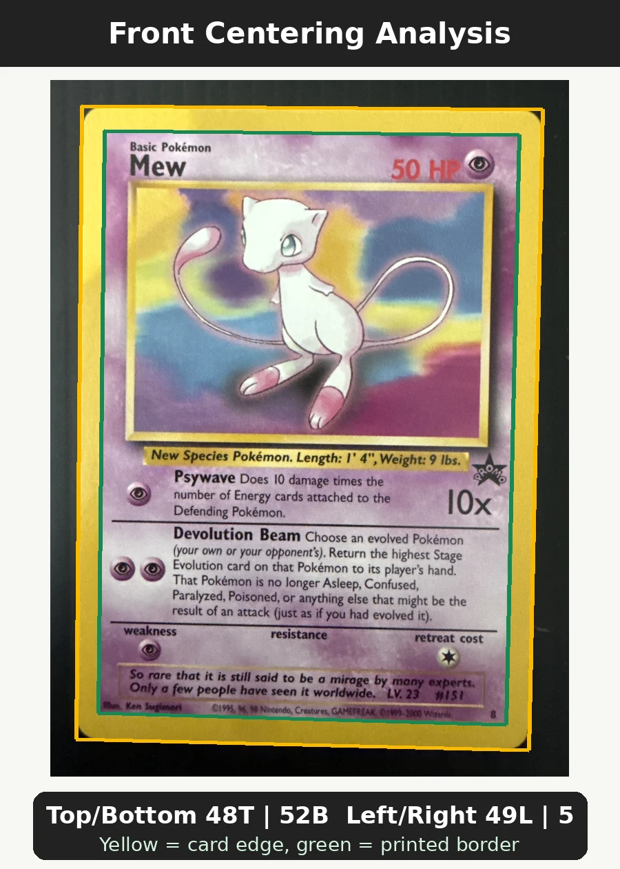 Mew 008/53 Wizards Black Star Promos front centering analysis showing Top/Bottom 48T | 52B and Left/Right 49L | 51R.