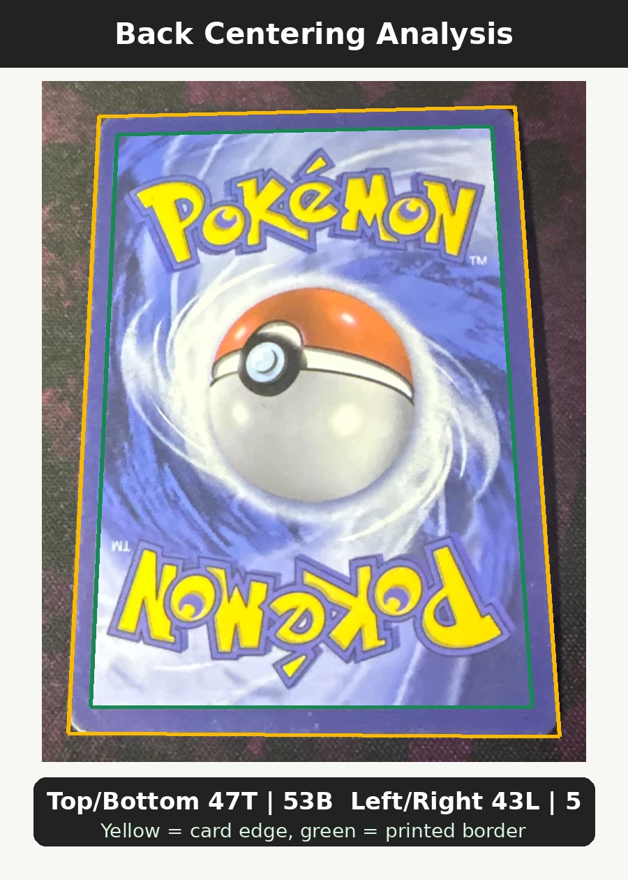 Mewtwo GX 078/73 Shining Legends back centering analysis showing Top/Bottom 47T | 53B and Left/Right 43L | 57R.