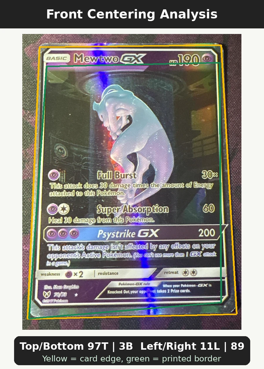 Mewtwo GX 078/73 Shining Legends front centering analysis showing Top/Bottom 97T | 3B and Left/Right 11L | 89R.