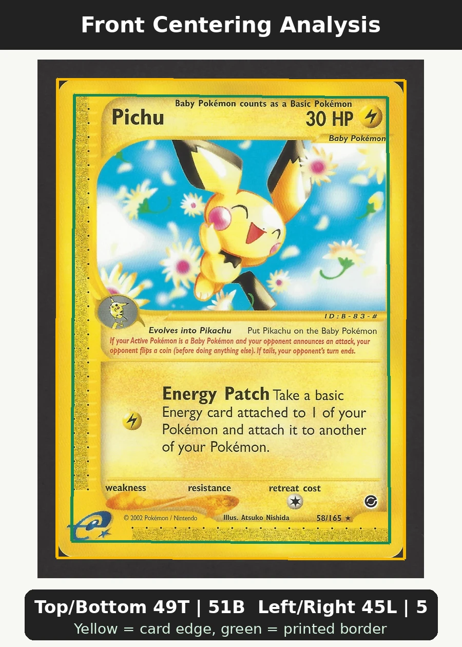 Pichu 058/165 Expedition Base Set front centering analysis showing Top/Bottom 49T | 51B and Left/Right 45L | 55R.