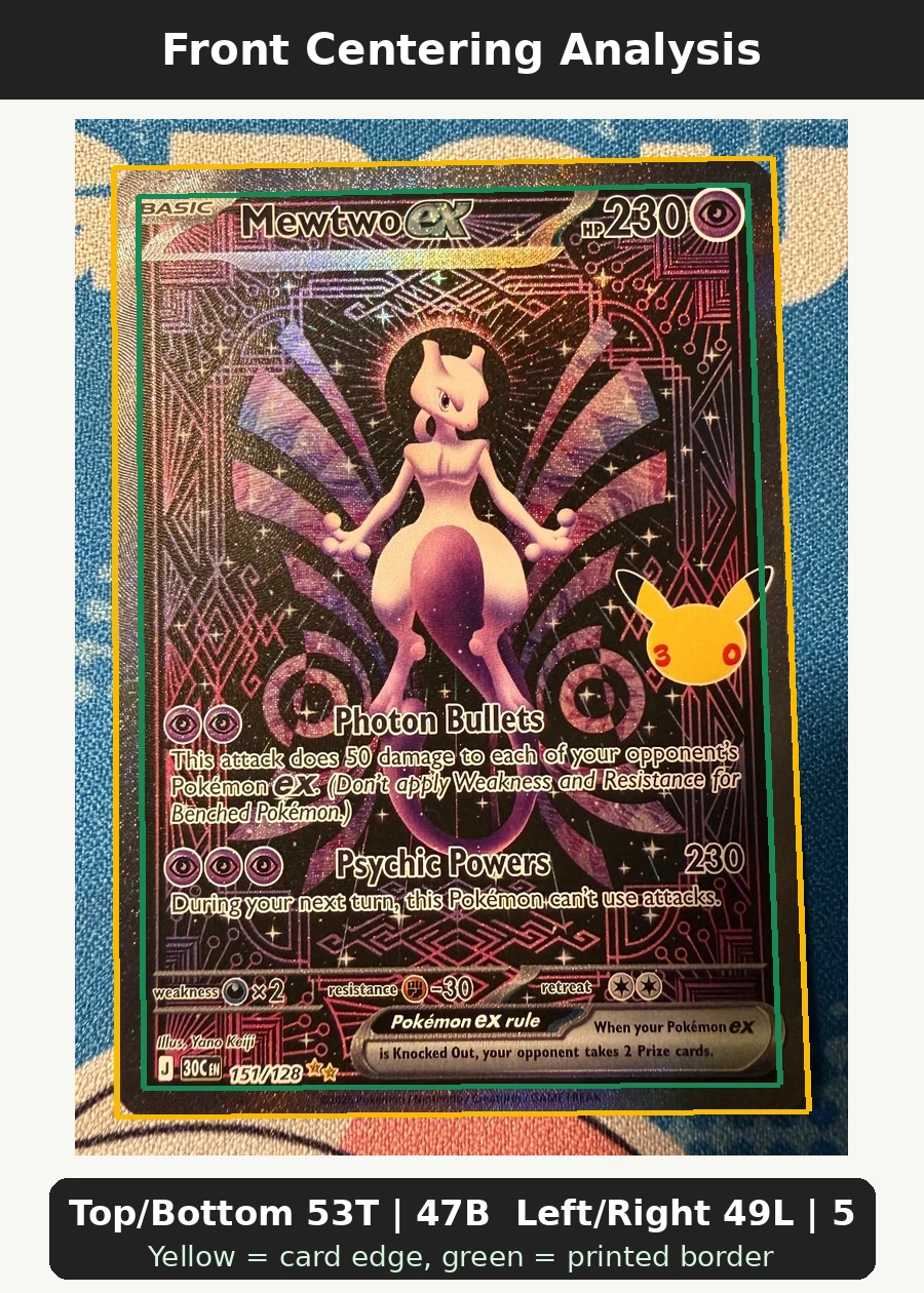 Mewtwo ex 151/128 30th Celebration front centering analysis showing Top/Bottom 53T | 47B and Left/Right 49L | 51R.