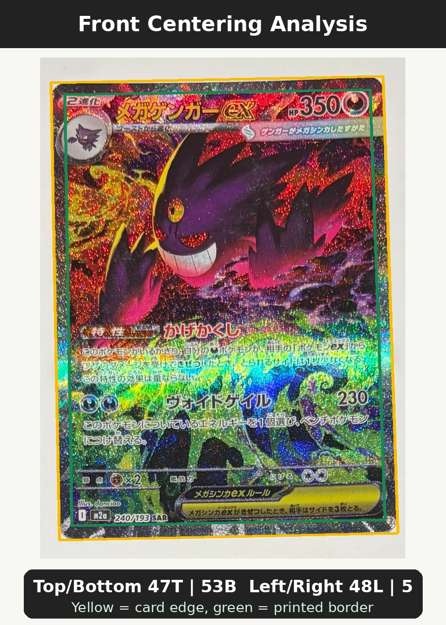 Mega Gengar ex 240/193 MEGA Dream ex front centering analysis showing Top/Bottom 47T | 53B and Left/Right 48L | 52R.