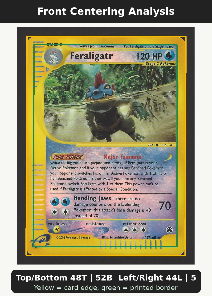 Feraligatr 047/165 Expedition Base Set front centering analysis showing Top/Bottom 48T | 52B and Left/Right 44L | 56R.