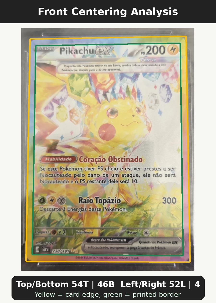 Pikachu ex 238/191 Surging Sparks front centering analysis showing Top/Bottom 54T | 46B and Left/Right 52L | 48R.
