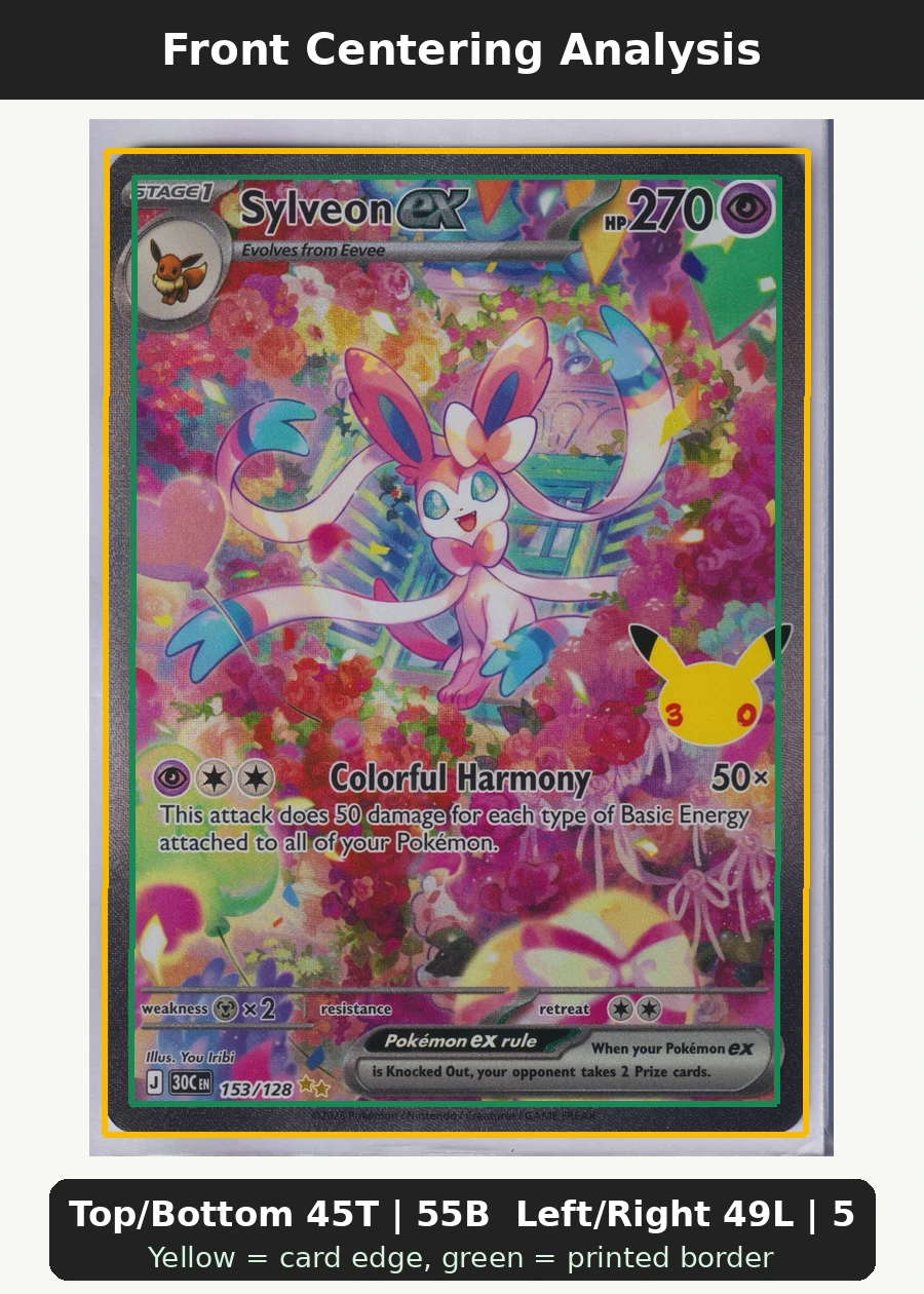 Sylveon ex 153/128 30th Celebration front centering analysis showing Top/Bottom 45T | 55B and Left/Right 49L | 51R.