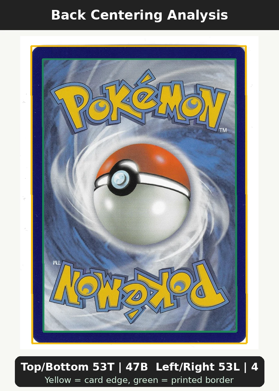 Celebi & Venusaur GX SM167/248 SM Black Star Promos back centering analysis showing Top/Bottom 53T | 47B and Left/Right 53L | 47R.