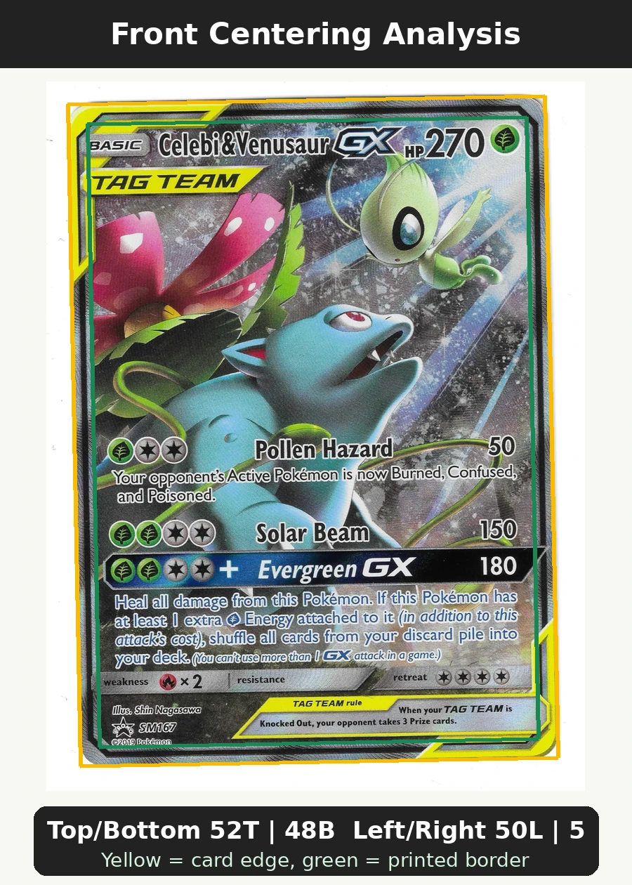 Celebi & Venusaur GX SM167/248 SM Black Star Promos front centering analysis showing Top/Bottom 52T | 48B and Left/Right 50L | 50R.