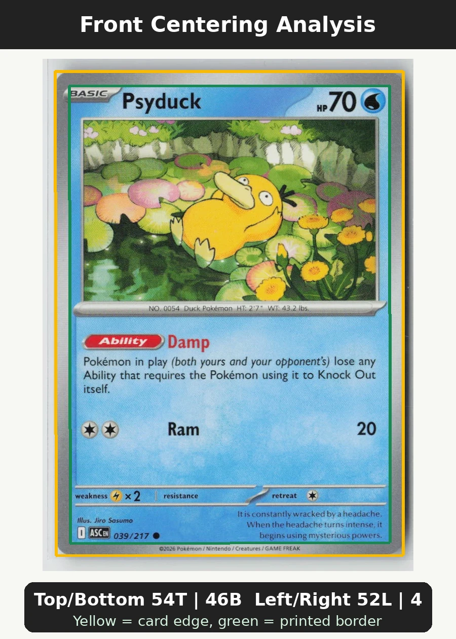 Psyduck 039/217 · Normal Ascended Heroes front centering analysis showing Top/Bottom 54T | 46B and Left/Right 52L | 48R.