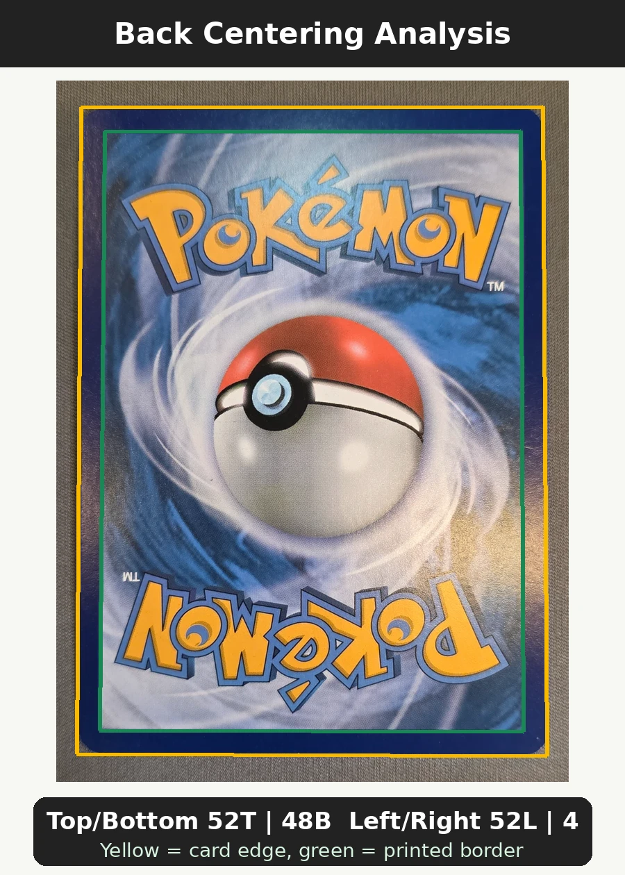 Charizard GX 150/147 Burning Shadows back centering analysis showing Top/Bottom 52T | 48B and Left/Right 52L | 48R.