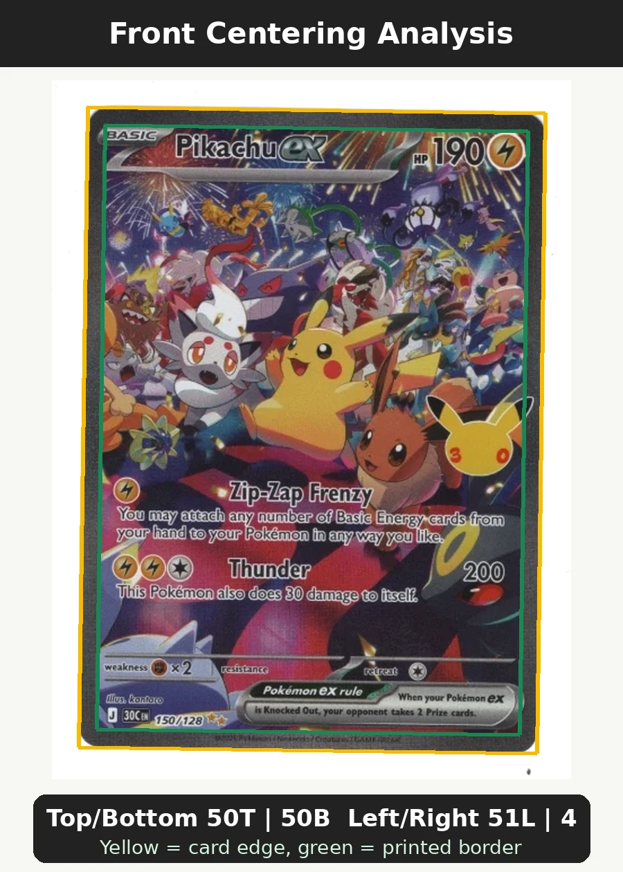 Pikachu ex 150/128 30th Celebration front centering analysis showing Top/Bottom 50T | 50B and Left/Right 51L | 49R.