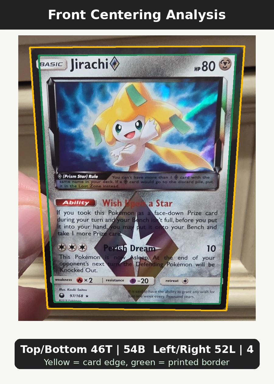 Jirachi ◇ 097/168 Celestial Storm front centering analysis showing Top/Bottom 46T | 54B and Left/Right 52L | 48R.