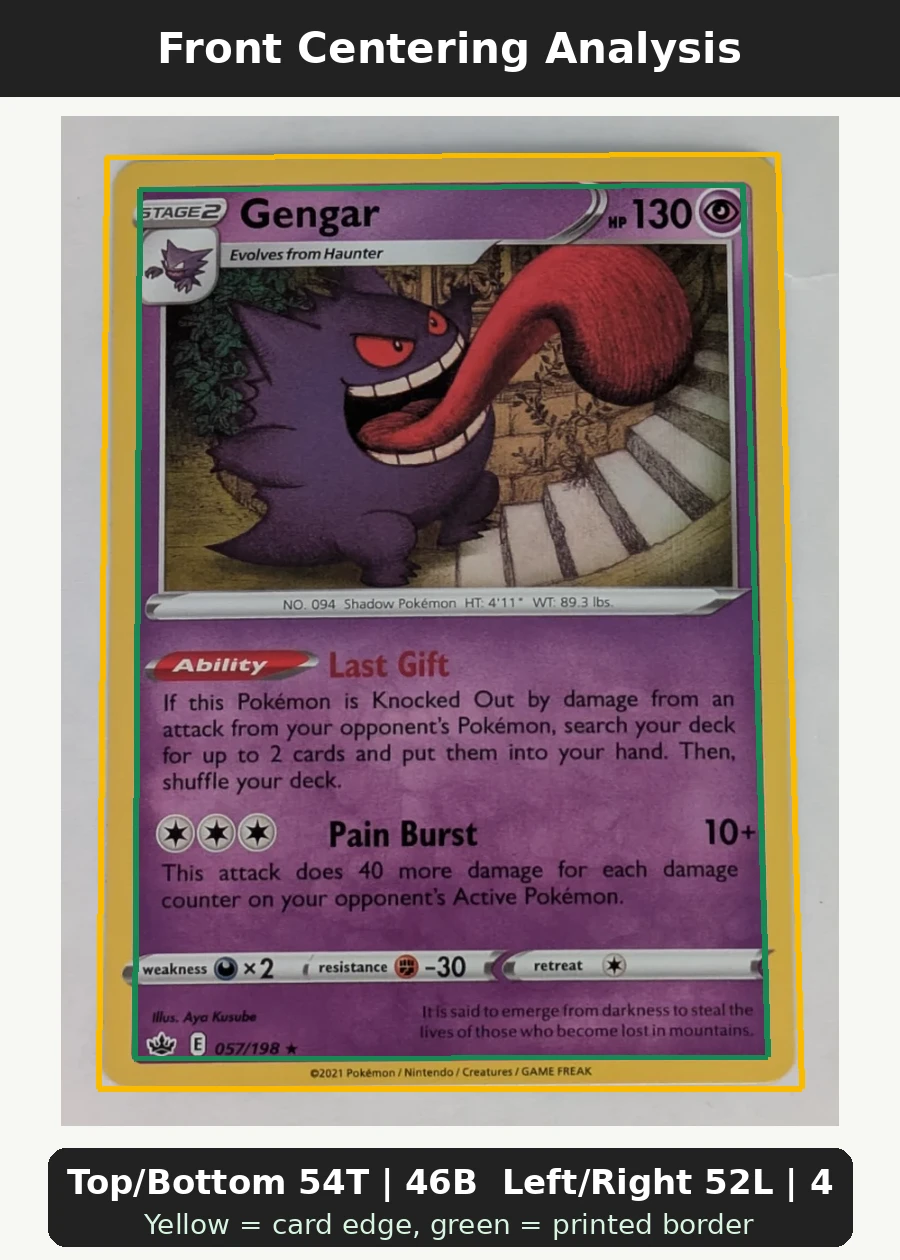 Gengar 057/198 Chilling Reign front centering analysis showing Top/Bottom 54T | 46B and Left/Right 52L | 48R.