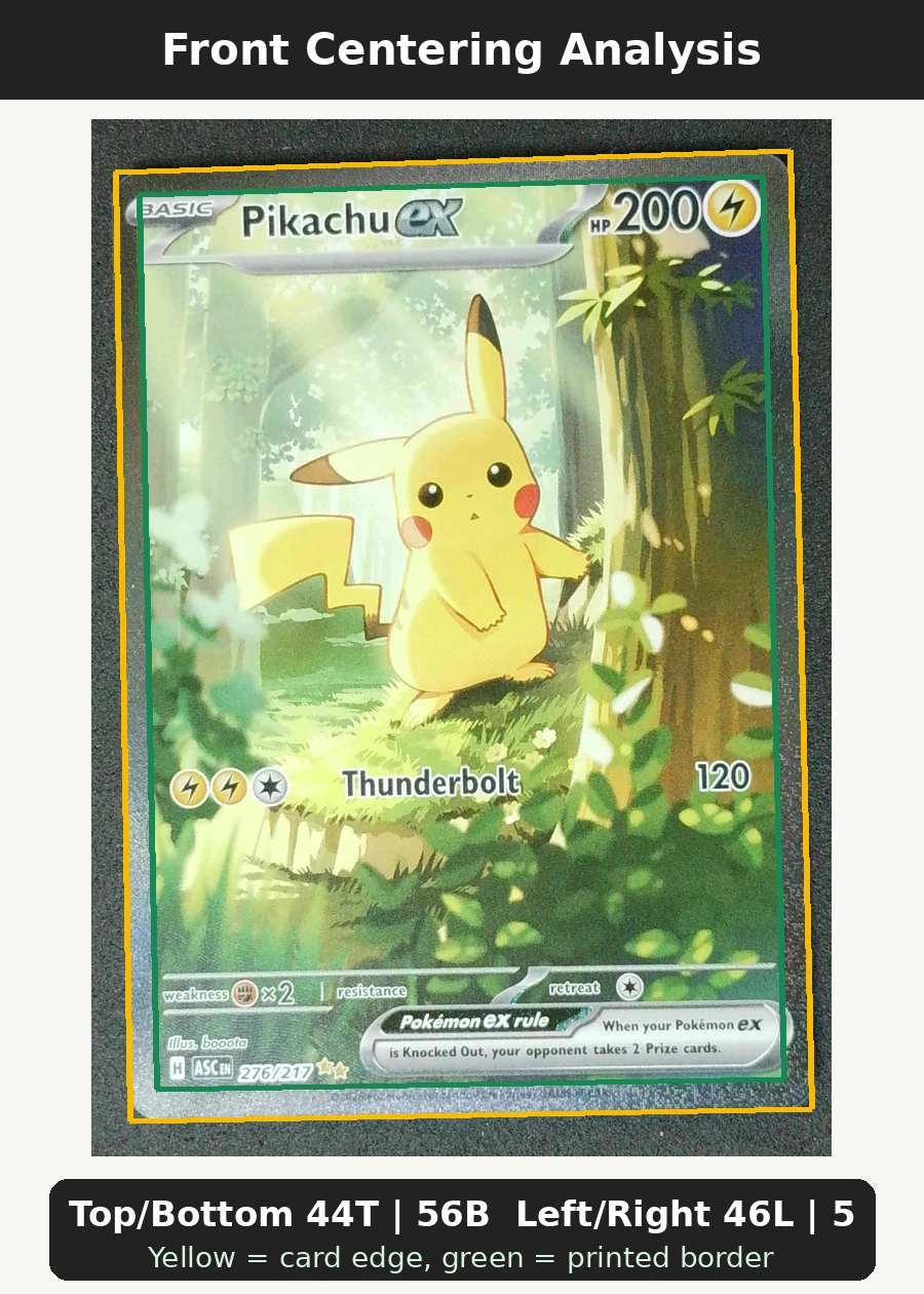 Pikachu ex 276/217 Ascended Heroes front centering analysis showing Top/Bottom 44T | 56B and Left/Right 46L | 54R.