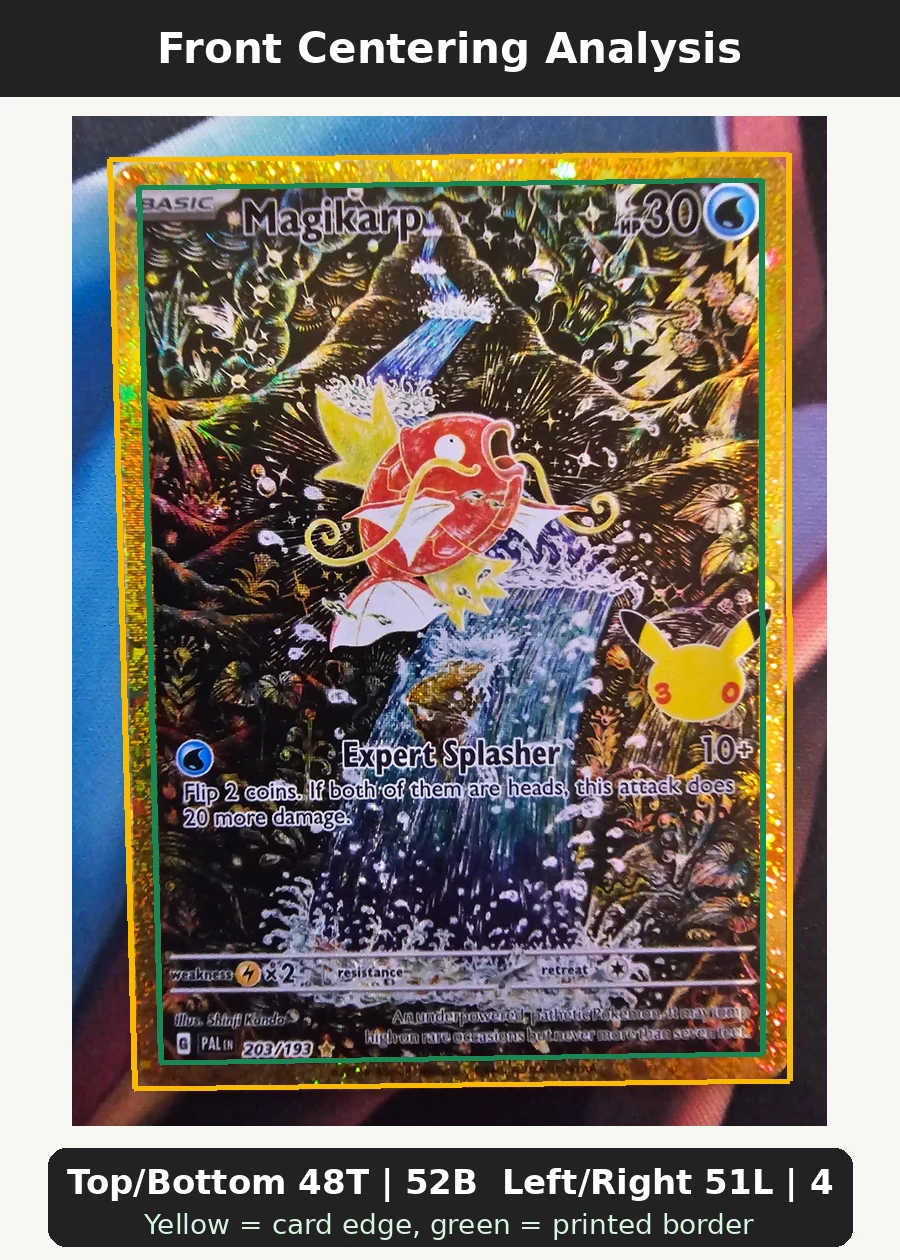 Magikarp 203 30th Classic Collection front centering analysis showing Top/Bottom 48T | 52B and Left/Right 51L | 49R.