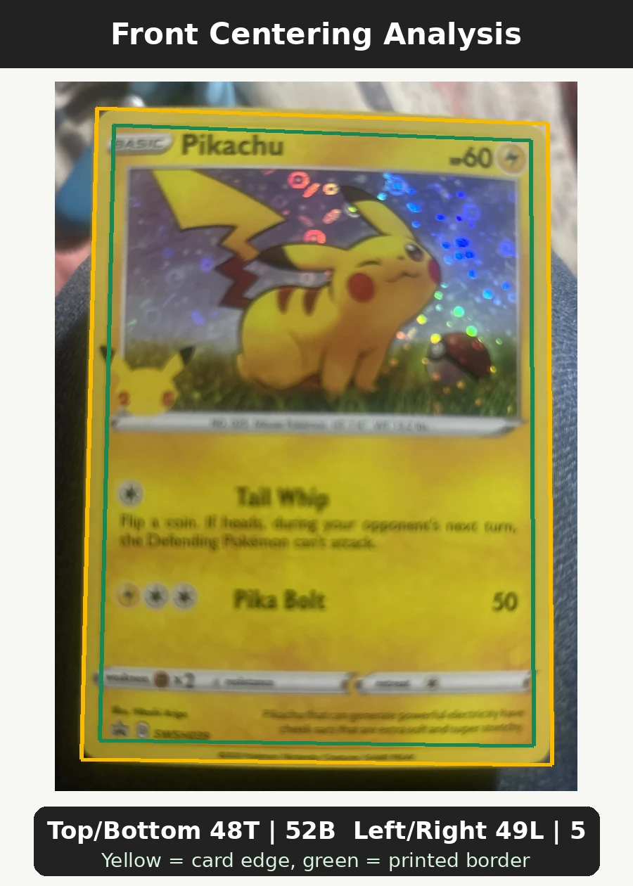 Pikachu SWSH039/307 SWSH Black Star Promos front centering analysis showing Top/Bottom 48T | 52B and Left/Right 49L | 51R.