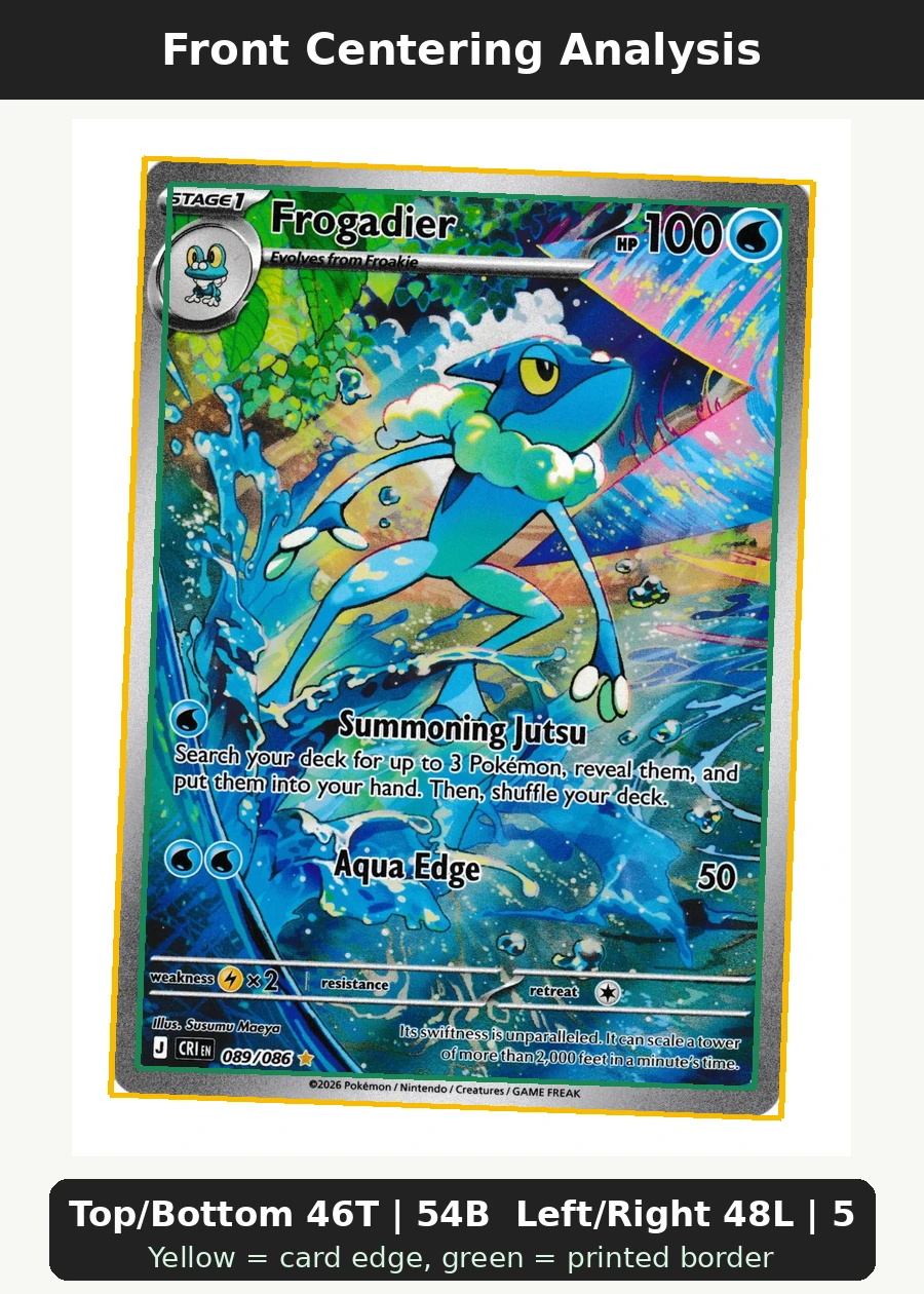 Frogadier 089/86 Chaos Rising front centering analysis showing Top/Bottom 46T | 54B and Left/Right 48L | 52R.