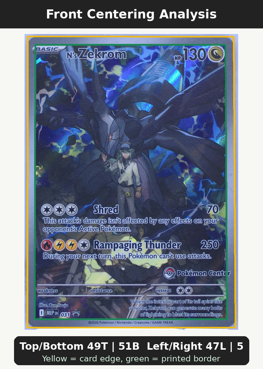 N's Zekrom 031 MEP Black Star Promos front centering analysis showing Top/Bottom 49T | 51B and Left/Right 47L | 53R.