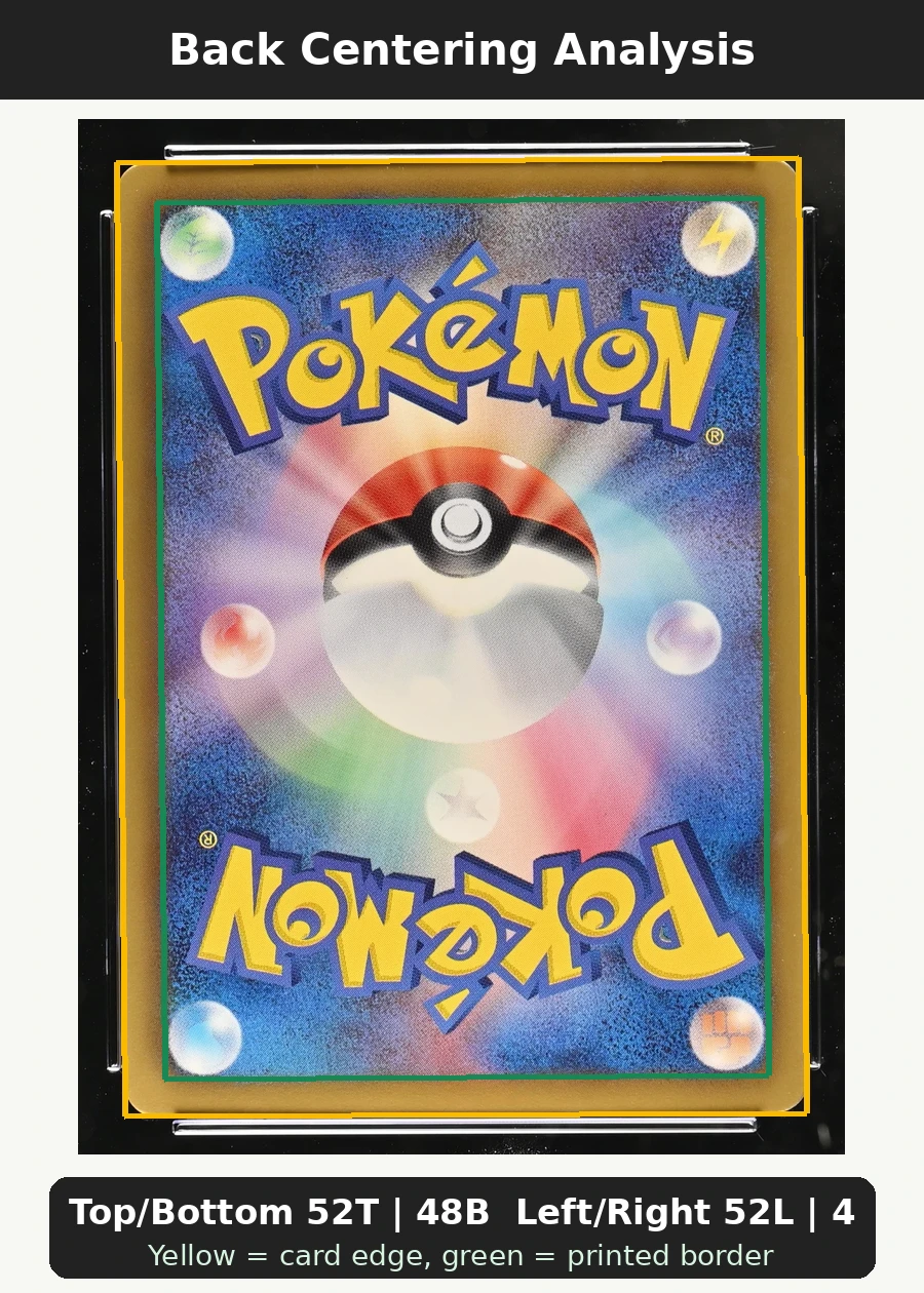 Mew EX 024/20 Shiny Collection back centering analysis showing Top/Bottom 52T | 48B and Left/Right 52L | 48R.