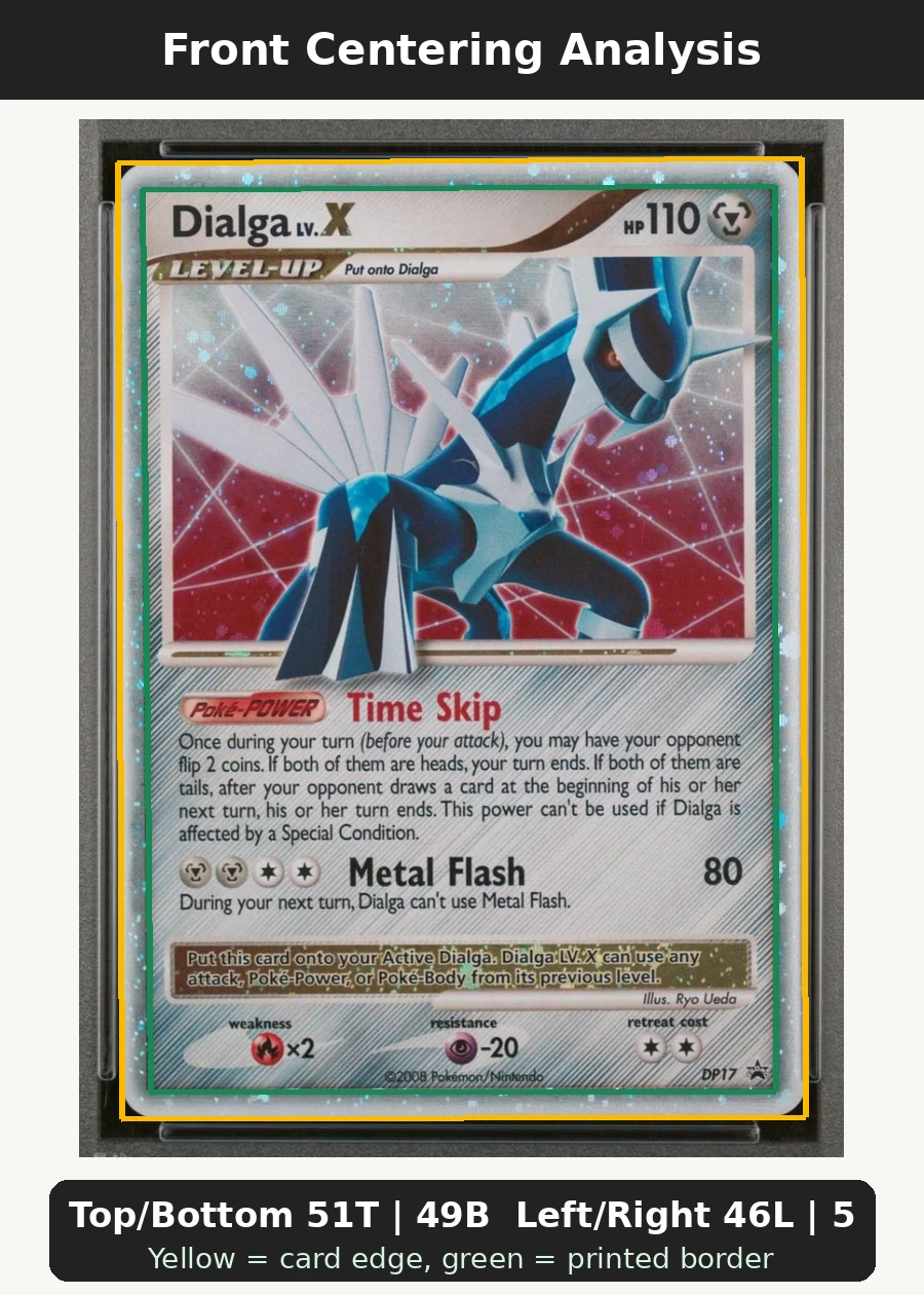 Dialga DP17/56 DP Black Star Promos front centering analysis showing Top/Bottom 51T | 49B and Left/Right 46L | 54R.