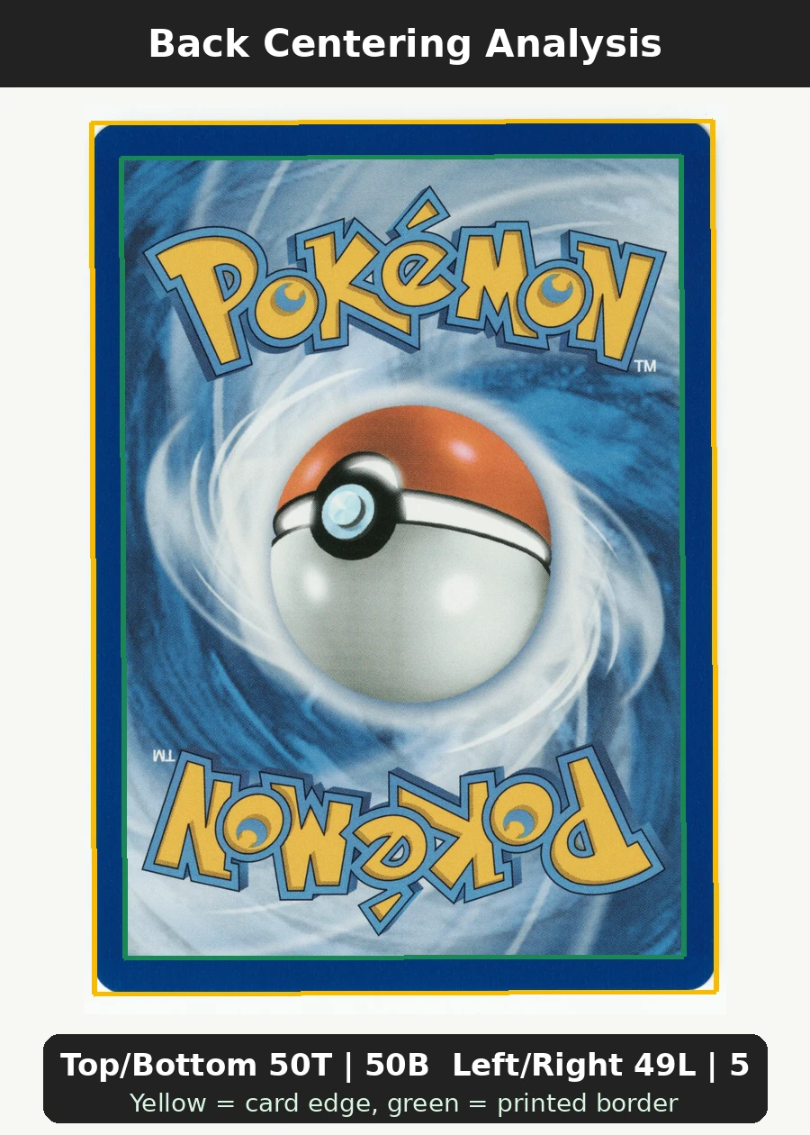 Charizard 004 30th Classic Collection back centering analysis showing Top/Bottom 50T | 50B and Left/Right 49L | 51R.