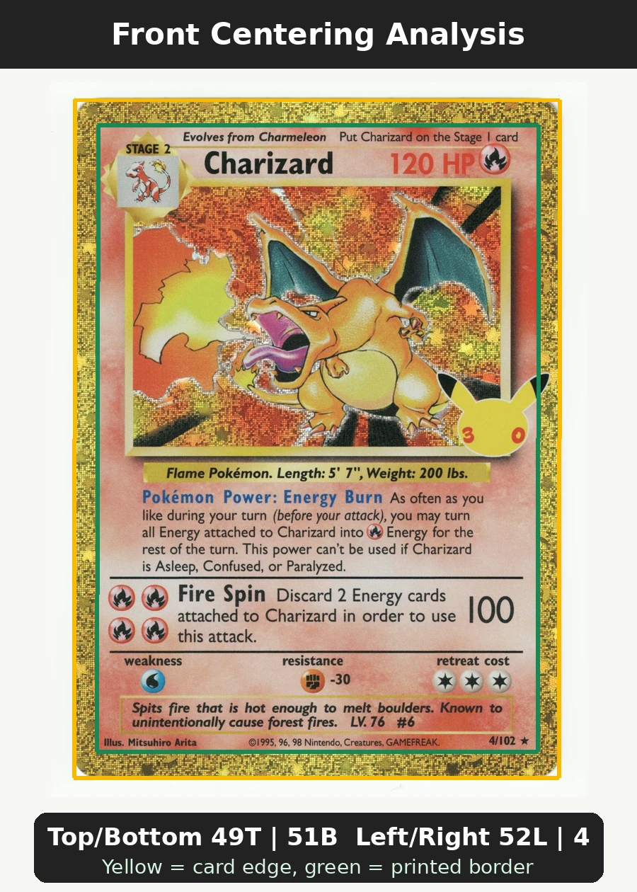 Charizard 004 30th Classic Collection front centering analysis showing Top/Bottom 49T | 51B and Left/Right 52L | 48R.