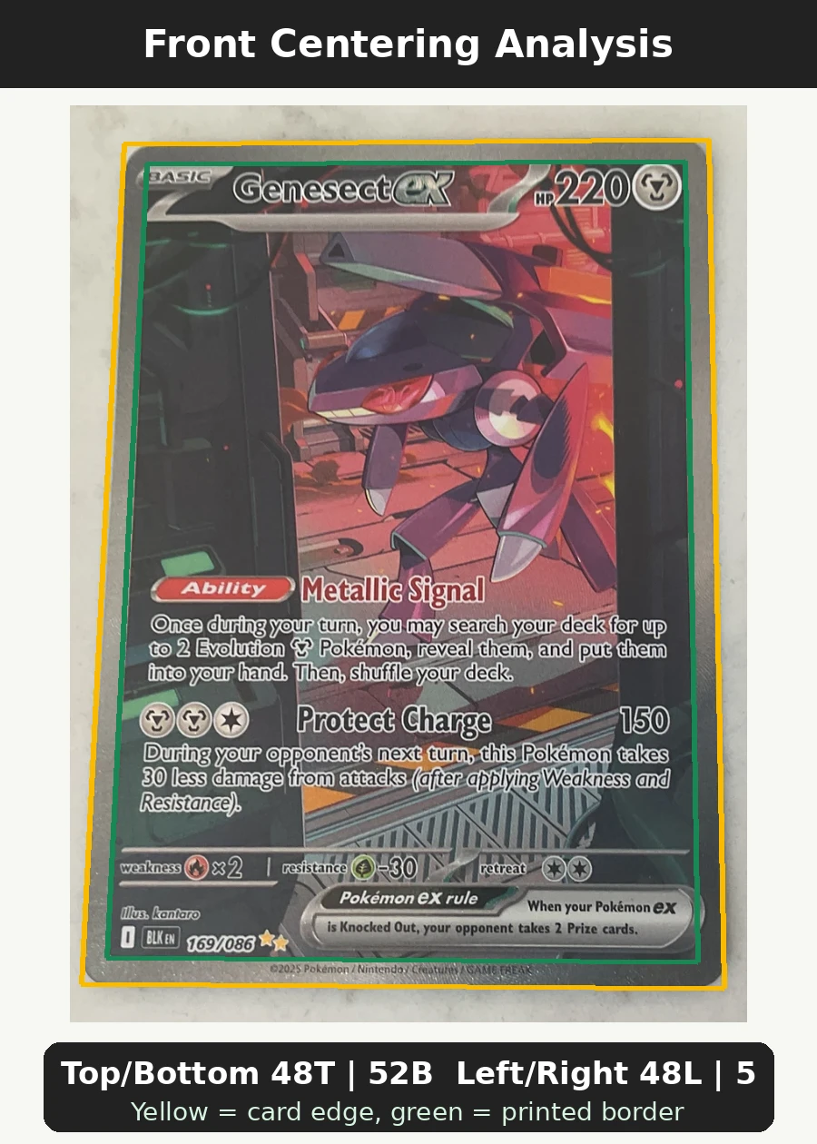 Genesect ex 169/86 Black Bolt front centering analysis showing Top/Bottom 48T | 52B and Left/Right 48L | 52R.