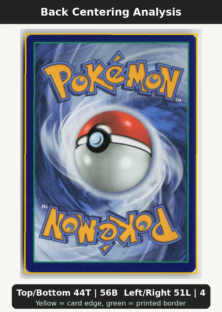 Psyduck 039/217 · Pokeball Holo Ascended Heroes back centering analysis showing Top/Bottom 44T | 56B and Left/Right 51L | 49R.
