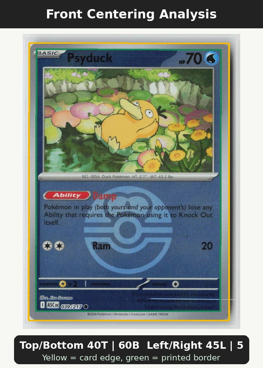 Psyduck 039/217 · Pokeball Holo Ascended Heroes front centering analysis showing Top/Bottom 40T | 60B and Left/Right 45L | 55R.