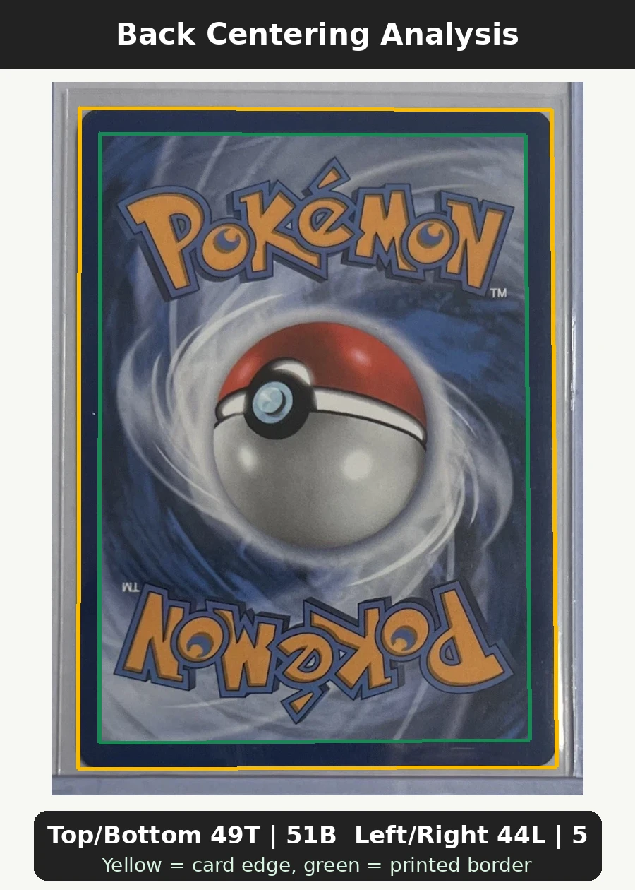 Magikarp 203 30th Classic Collection back centering analysis showing Top/Bottom 49T | 51B and Left/Right 44L | 56R.
