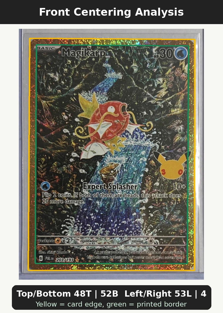 Magikarp 203 30th Classic Collection front centering analysis showing Top/Bottom 48T | 52B and Left/Right 53L | 47R.