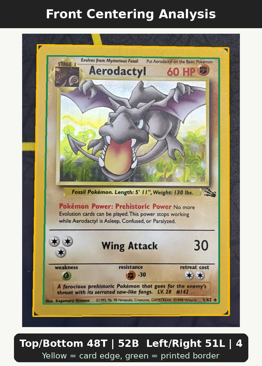 Aerodactyl 001/62 · Holo Fossil front centering analysis showing Top/Bottom 48T | 52B and Left/Right 51L | 49R.