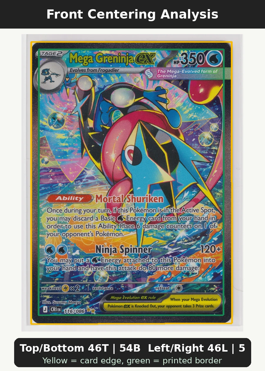 Mega Greninja ex 116/86 Chaos Rising front centering analysis showing Top/Bottom 46T | 54B and Left/Right 46L | 54R.