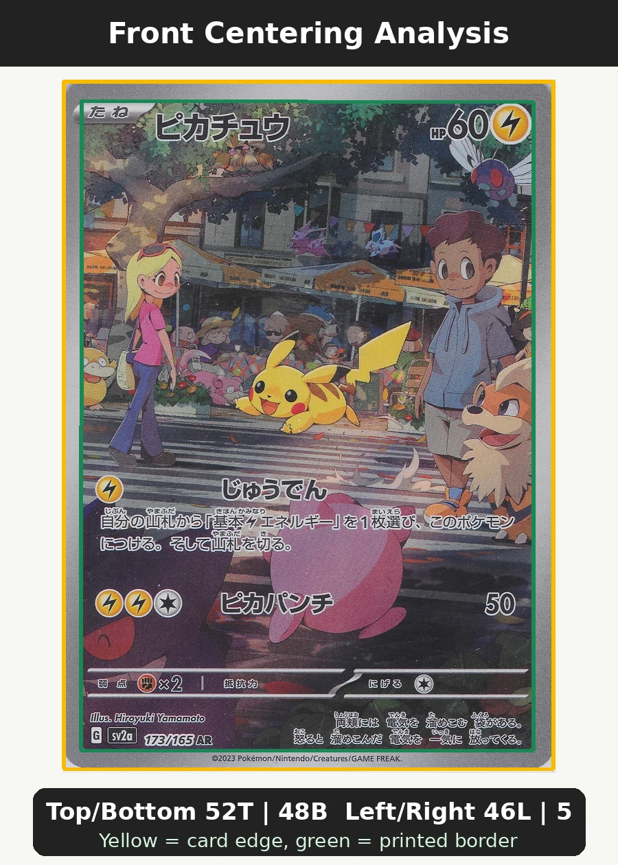 Pikachu 173/165 Pokémon Card 151 front centering analysis showing Top/Bottom 52T | 48B and Left/Right 46L | 54R.