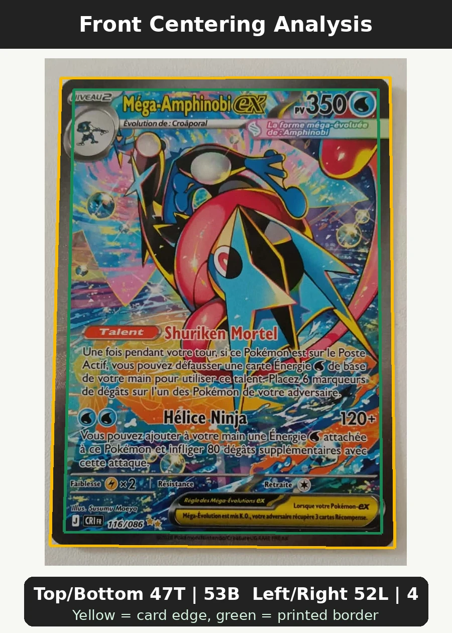 Mega Greninja ex 116/86 Chaos Rising front centering analysis showing Top/Bottom 47T | 53B and Left/Right 52L | 48R.