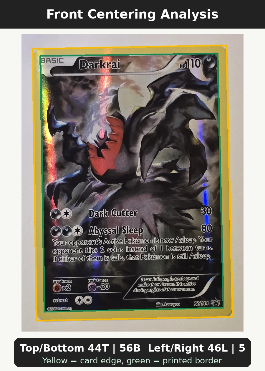 Darkrai XY114/211 XY Black Star Promos front centering analysis showing Top/Bottom 44T | 56B and Left/Right 46L | 54R.